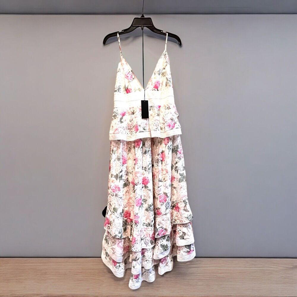 NEW Gianni Bini Maxi Dress Women's 10 White Pink Floral Strappy Lacy Romantic